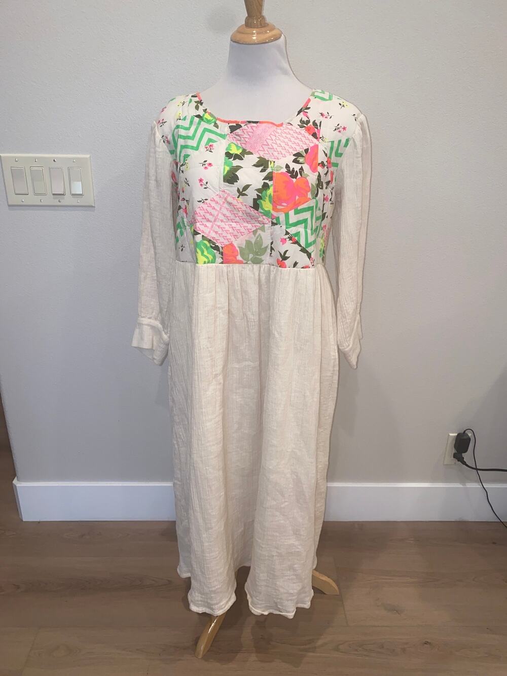 MANOUSH MIDI DRESS Ivory L/S Quilted Detail Cotton Size 6
